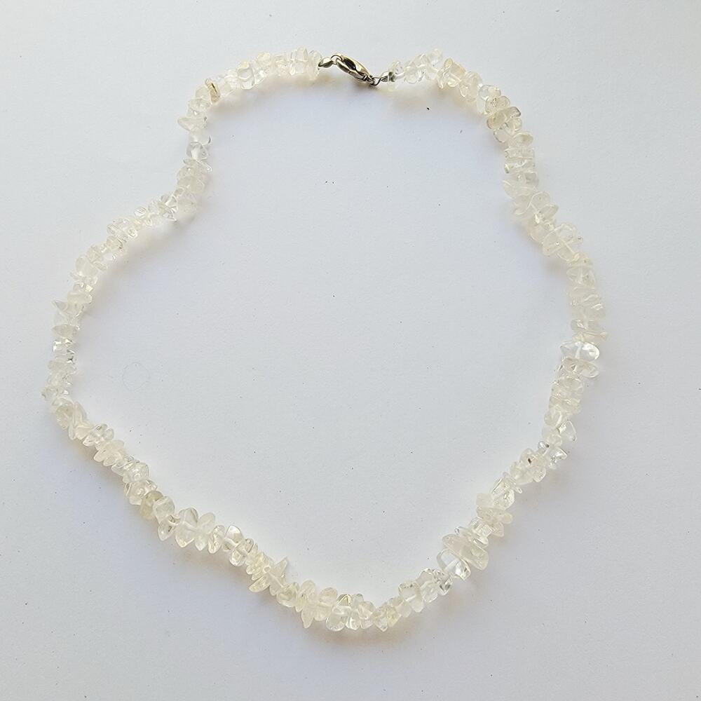 Vintage Necklace Clear Quartz Chip Bead Strand Silver Tone Clasp Minimalist 20In
